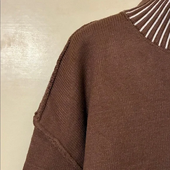 NWT Brown Sweater with white Striped Collar Felled Seams Oversized Medium - Picture 3 of 8